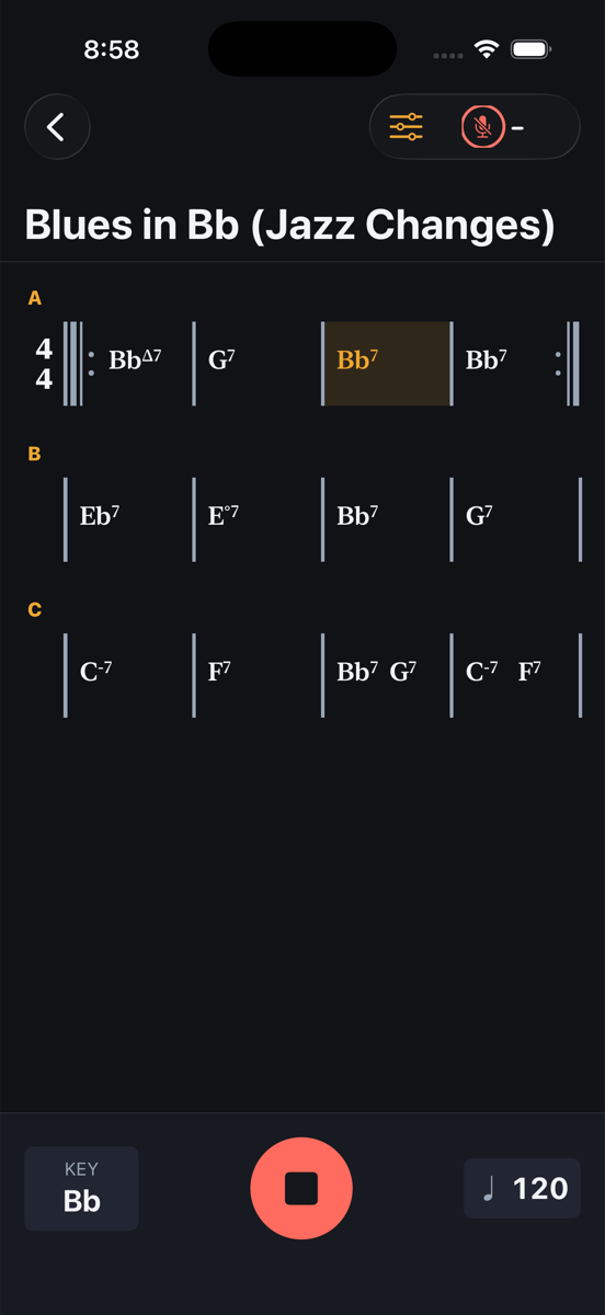 PocketTrio playing a Bb blues chart in dark mode